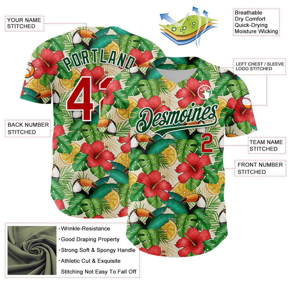 Custom White Red-Green 3D Pattern Design Tropical Plant And Bird Authentic Baseball Jersey - Sky-Custom