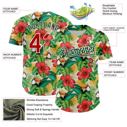 Custom White Red-Green 3D Pattern Design Tropical Plant And Bird Authentic Baseball Jersey - Sky-Custom