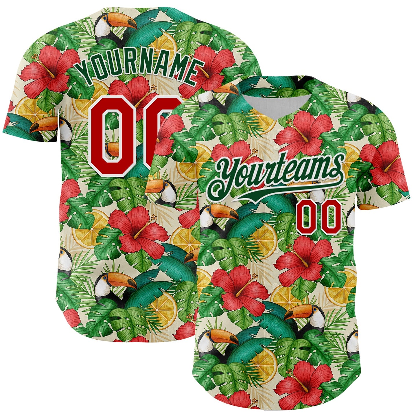 Custom White Red-Green 3D Pattern Design Tropical Plant And Bird Authentic Baseball Jersey - Sky-Custom