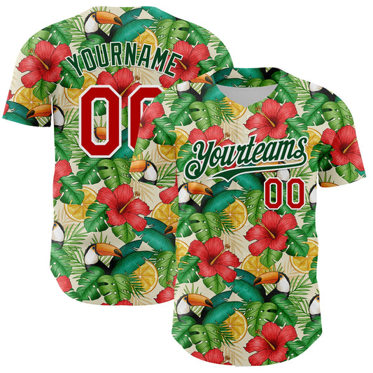 Custom White Red-Green 3D Pattern Design Tropical Plant And Bird Authentic Baseball Jersey - Sky-Custom