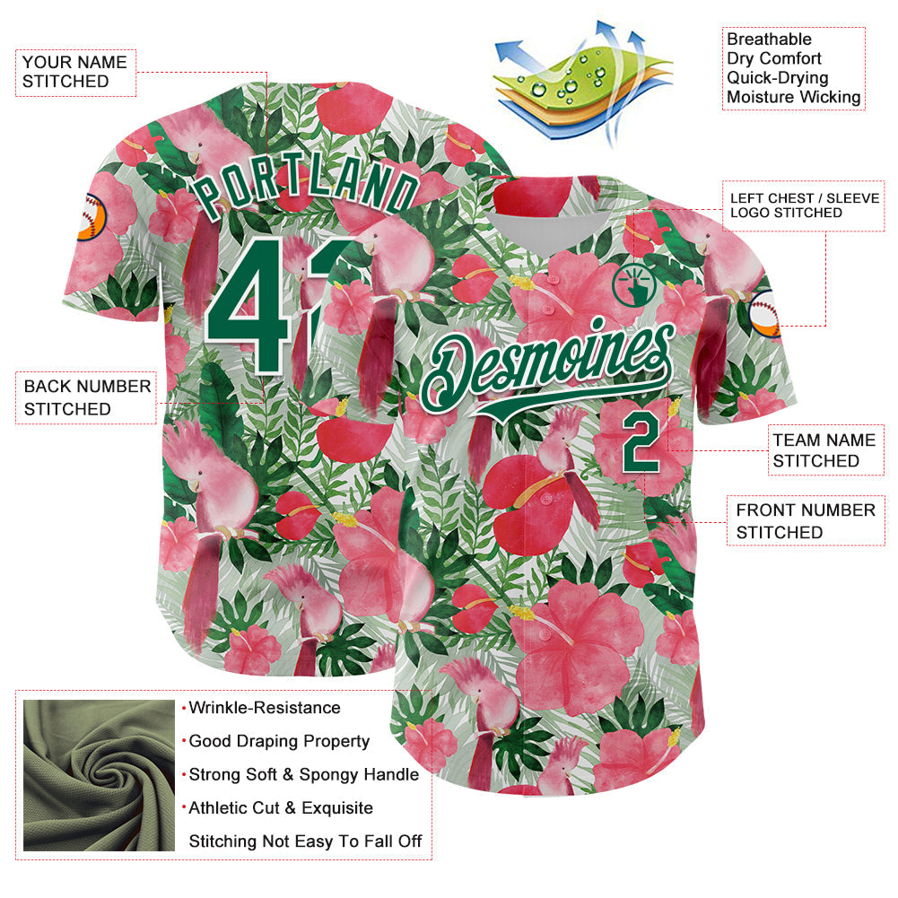 Custom White Kelly Green 3D Pattern Design Tropical Plant And Bird Authentic Baseball Jersey - Sky-Custom