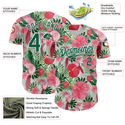 Custom White Kelly Green 3D Pattern Design Tropical Plant And Bird Authentic Baseball Jersey - Sky-Custom