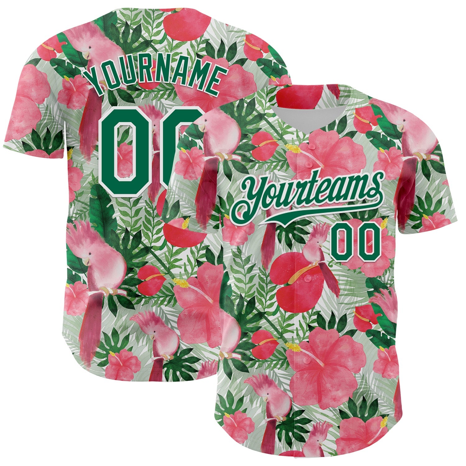 Custom White Kelly Green 3D Pattern Design Tropical Plant And Bird Authentic Baseball Jersey - Sky-Custom