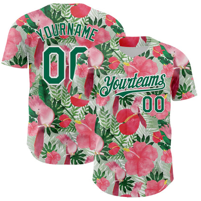 Custom White Kelly Green 3D Pattern Design Tropical Plant And Bird Authentic Baseball Jersey - Sky-Custom