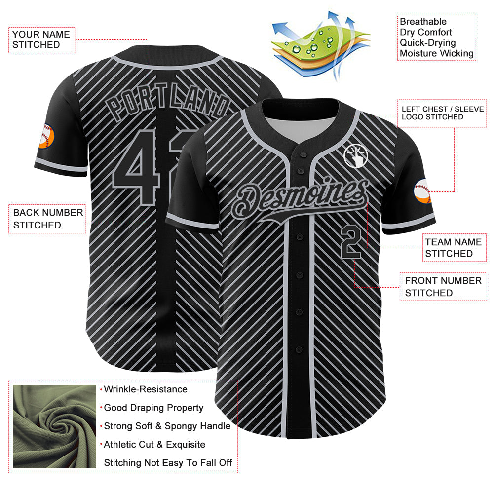 Custom Black Gray 3D Pattern Design Diagonal Stripes Authentic Baseball Jersey - Sky-Custom
