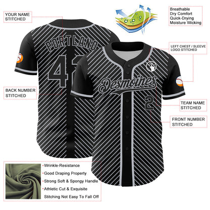 Custom Black Gray 3D Pattern Design Diagonal Stripes Authentic Baseball Jersey - Sky-Custom
