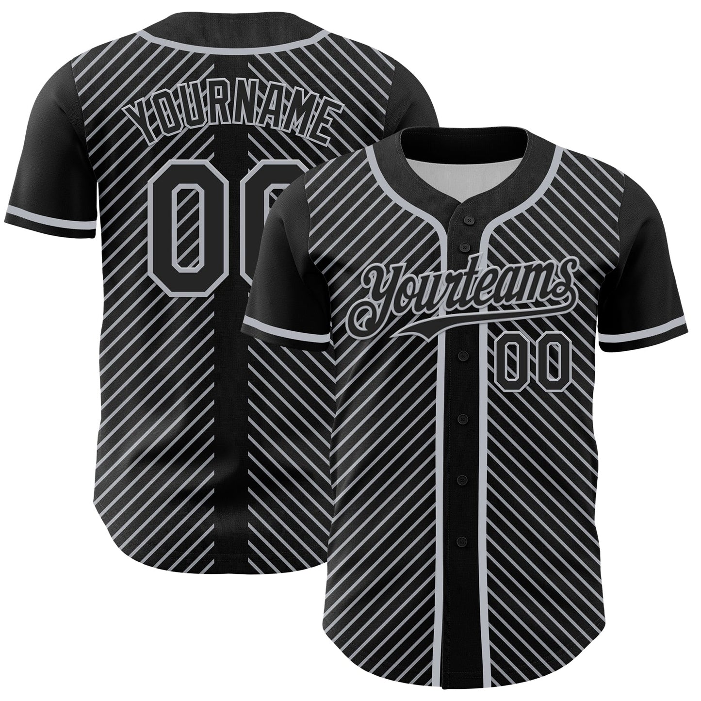 Custom Black Gray 3D Pattern Design Diagonal Stripes Authentic Baseball Jersey - Sky-Custom