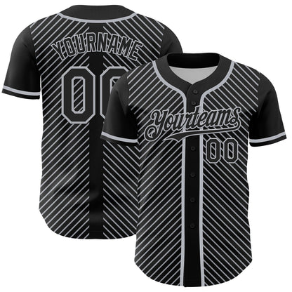 Custom Black Gray 3D Pattern Design Diagonal Stripes Authentic Baseball Jersey - Sky-Custom