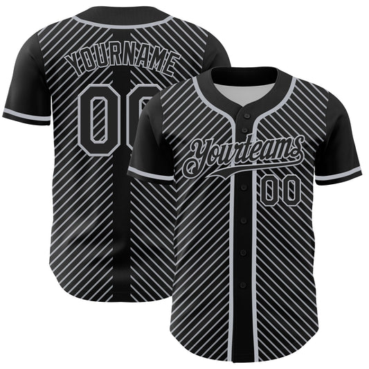 Custom Black Gray 3D Pattern Design Diagonal Stripes Authentic Baseball Jersey - Sky-Custom