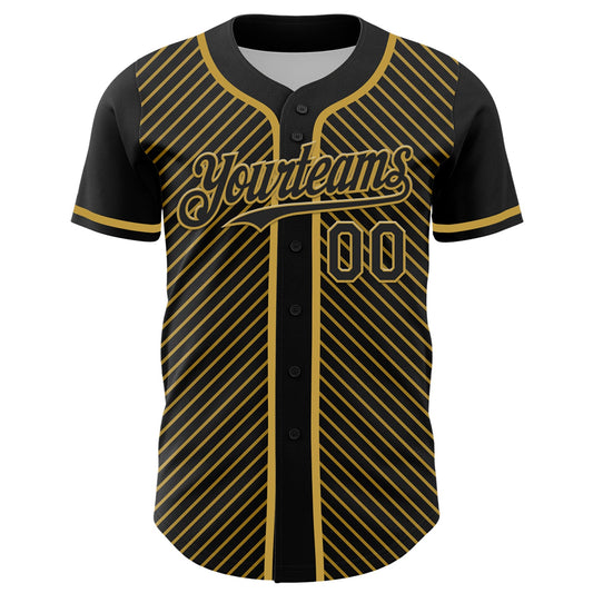 Custom Black Old Gold 3D Pattern Design Diagonal Stripes Authentic Baseball Jersey - Sky-Custom