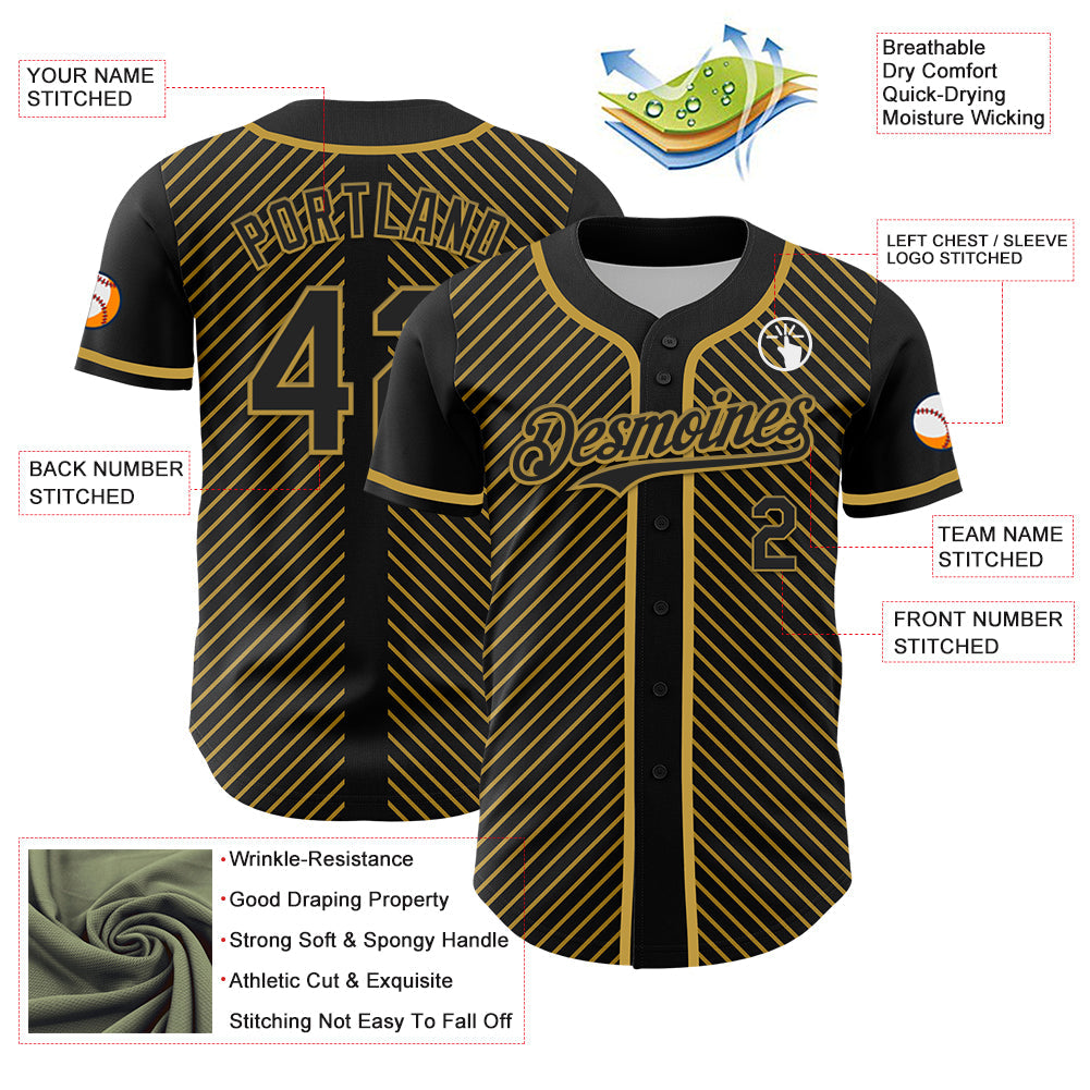 Custom Black Old Gold 3D Pattern Design Diagonal Stripes Authentic Baseball Jersey - Sky-Custom