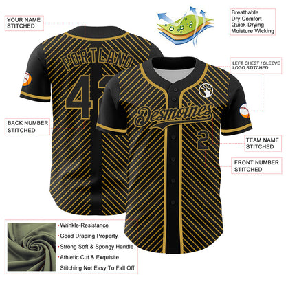 Custom Black Old Gold 3D Pattern Design Diagonal Stripes Authentic Baseball Jersey - Sky-Custom