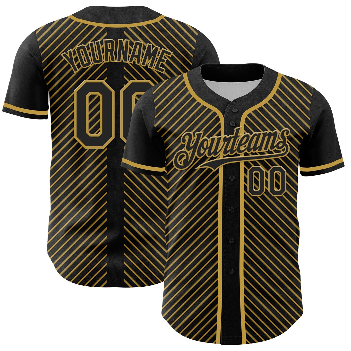 Custom Black Old Gold 3D Pattern Design Diagonal Stripes Authentic Baseball Jersey - Sky-Custom