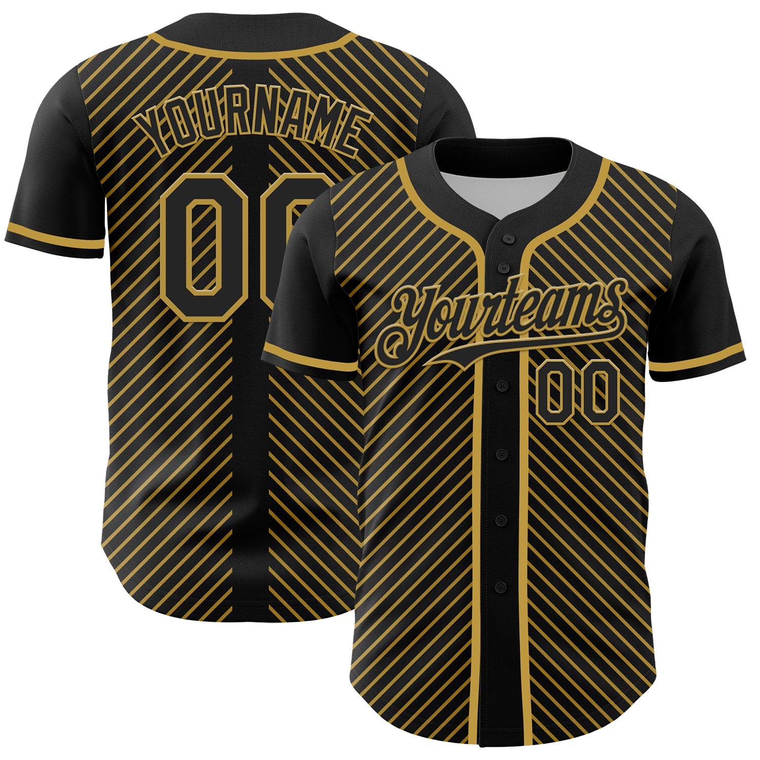 Custom Black Old Gold 3D Pattern Design Diagonal Stripes Authentic Baseball Jersey - Sky-Custom