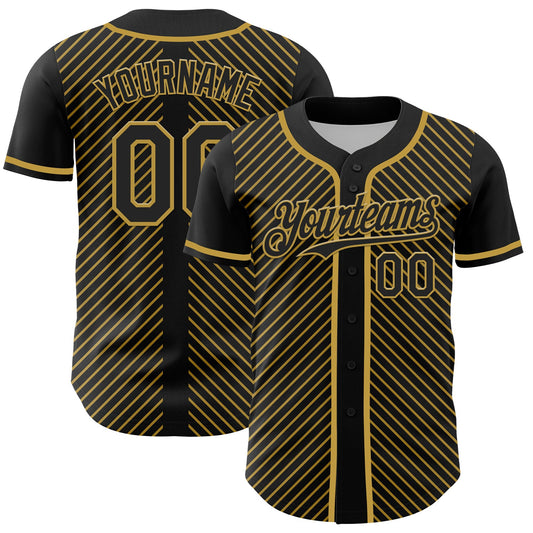 Custom Black Old Gold 3D Pattern Design Diagonal Stripes Authentic Baseball Jersey - Sky-Custom
