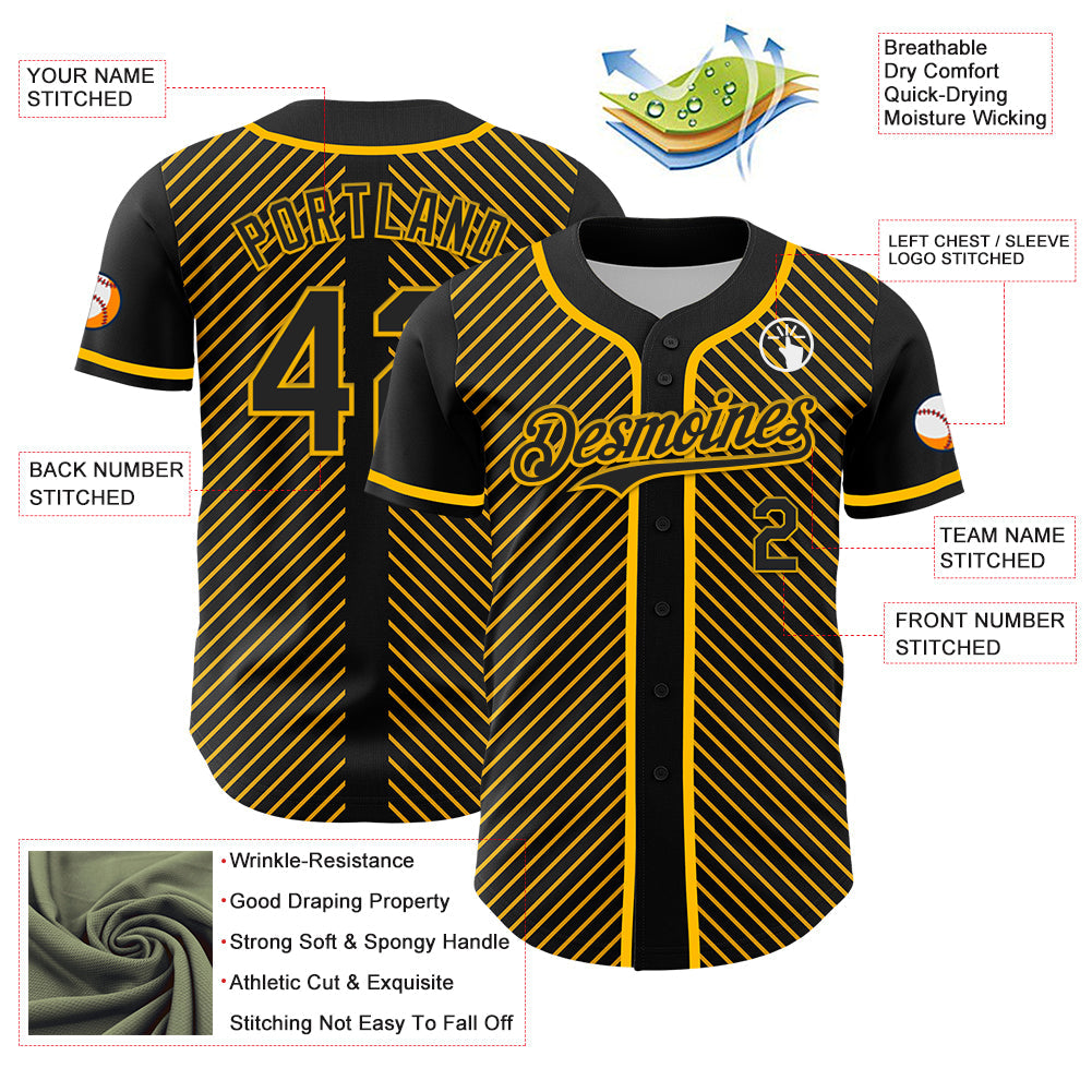 Custom Black Gold 3D Pattern Design Diagonal Stripes Authentic Baseball Jersey - Sky-Custom