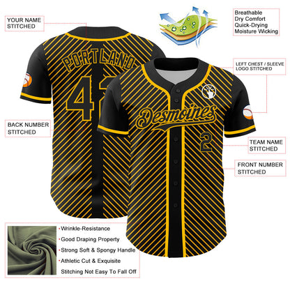 Custom Black Gold 3D Pattern Design Diagonal Stripes Authentic Baseball Jersey - Sky-Custom
