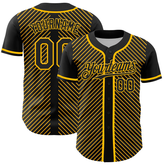 Custom Black Gold 3D Pattern Design Diagonal Stripes Authentic Baseball Jersey - Sky-Custom