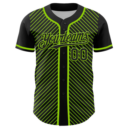 Custom Black Neon Green 3D Pattern Design Diagonal Stripes Authentic Baseball Jersey - Sky-Custom