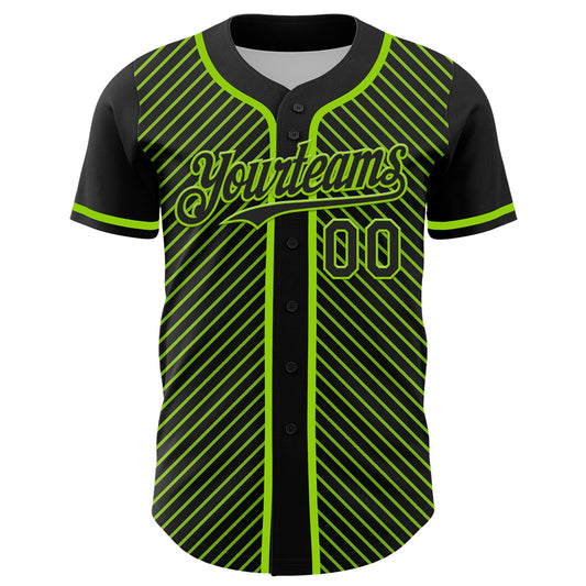 Custom Black Neon Green 3D Pattern Design Diagonal Stripes Authentic Baseball Jersey - Sky-Custom