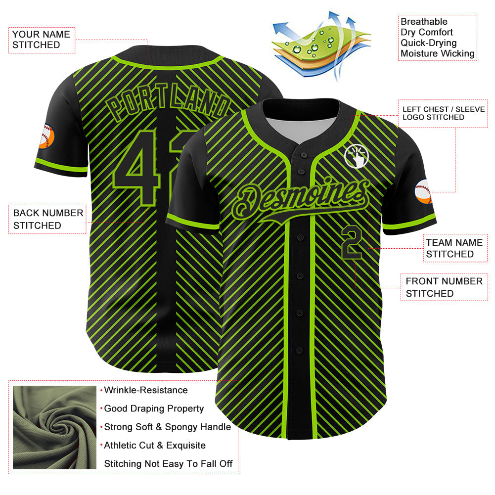 Custom Black Neon Green 3D Pattern Design Diagonal Stripes Authentic Baseball Jersey - Sky-Custom