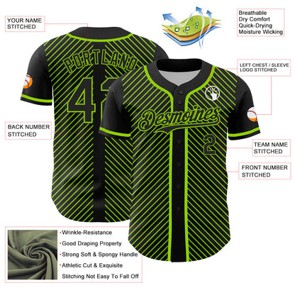 Custom Black Neon Green 3D Pattern Design Diagonal Stripes Authentic Baseball Jersey - Sky-Custom