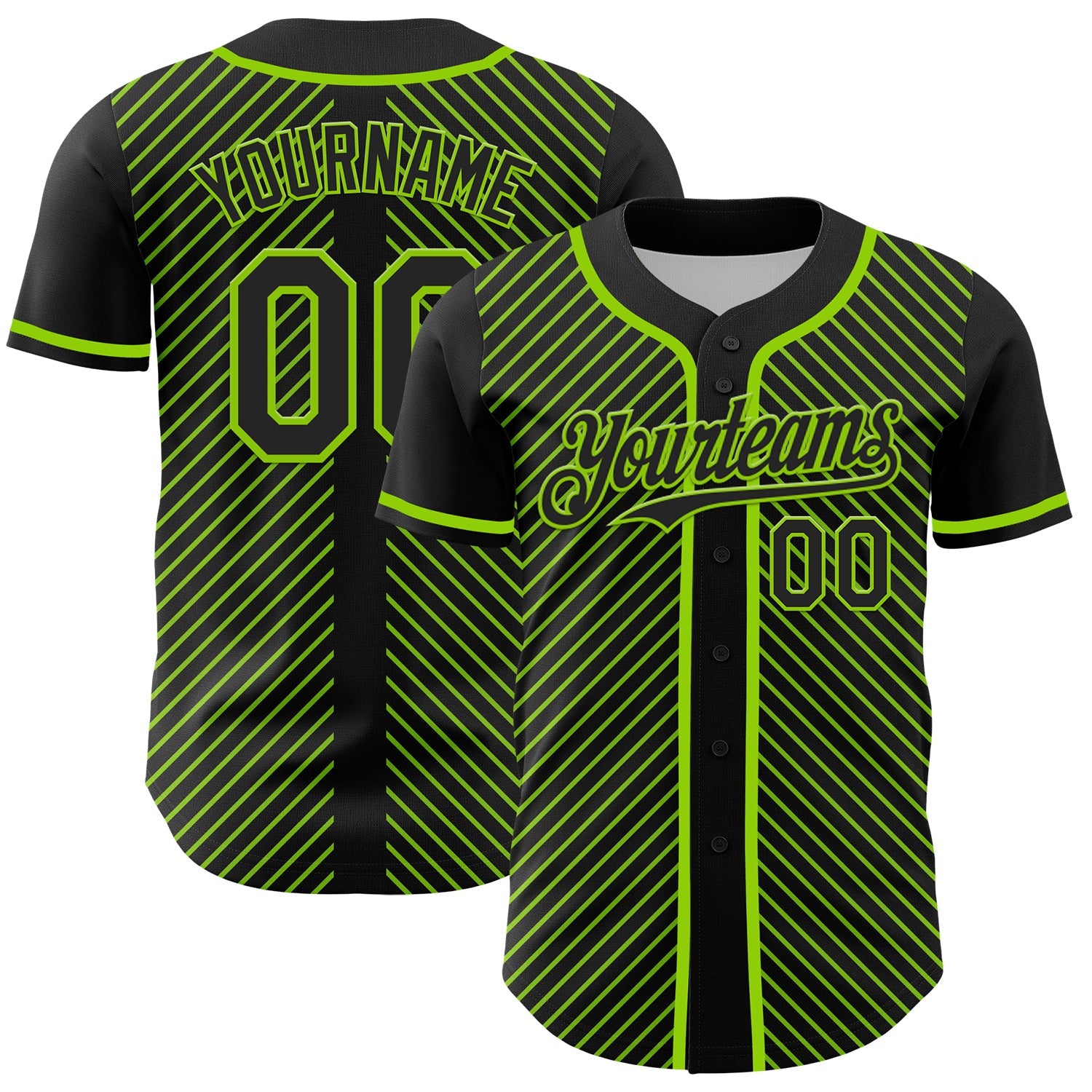 Custom Black Neon Green 3D Pattern Design Diagonal Stripes Authentic Baseball Jersey - Sky-Custom