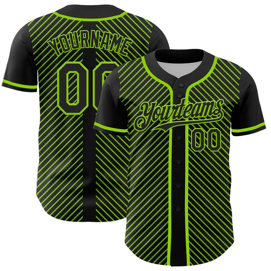 Custom Black Neon Green 3D Pattern Design Diagonal Stripes Authentic Baseball Jersey - Sky-Custom
