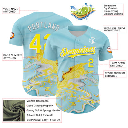 Custom Ice Blue Light Yellow-White 3D Pattern Design Abstract Liquid Fluid Art Authentic Baseball Jersey - Sky-Custom