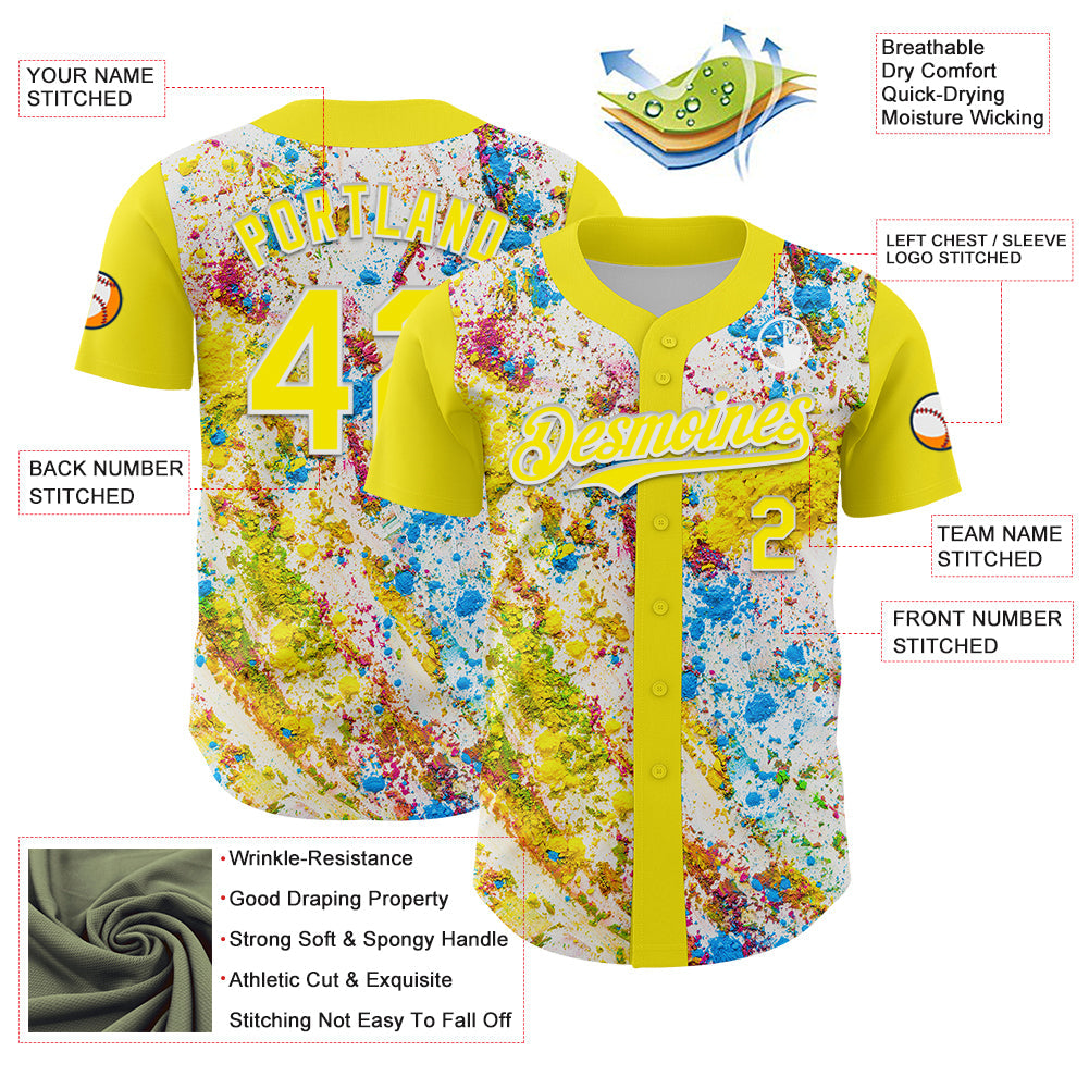 Custom Light Yellow White 3D Pattern Design Abstract Splatter Art Authentic Baseball Jersey - Sky-Custom