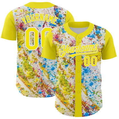 Custom Light Yellow White 3D Pattern Design Abstract Splatter Art Authentic Baseball Jersey - Sky-Custom