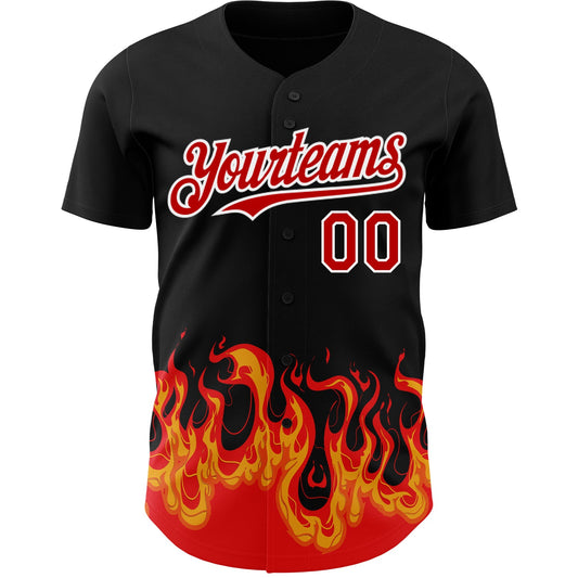 Custom Black Red-White 3D Pattern Design Flame Authentic Baseball Jersey - Sky-Custom