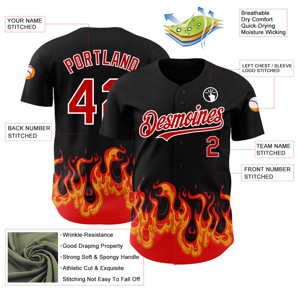 Custom Black Red-White 3D Pattern Design Flame Authentic Baseball Jersey - Sky-Custom