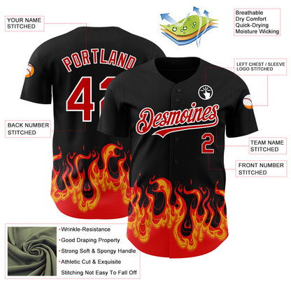 Custom Black Red-White 3D Pattern Design Flame Authentic Baseball Jersey - Sky-Custom