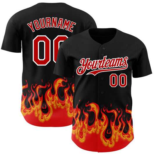 Custom Black Red-White 3D Pattern Design Flame Authentic Baseball Jersey - Sky-Custom