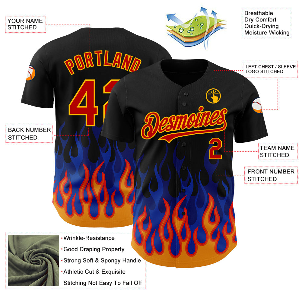 Custom Black Red-Gold 3D Pattern Design Flame Authentic Baseball Jersey - Sky-Custom