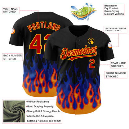 Custom Black Red-Gold 3D Pattern Design Flame Authentic Baseball Jersey - Sky-Custom