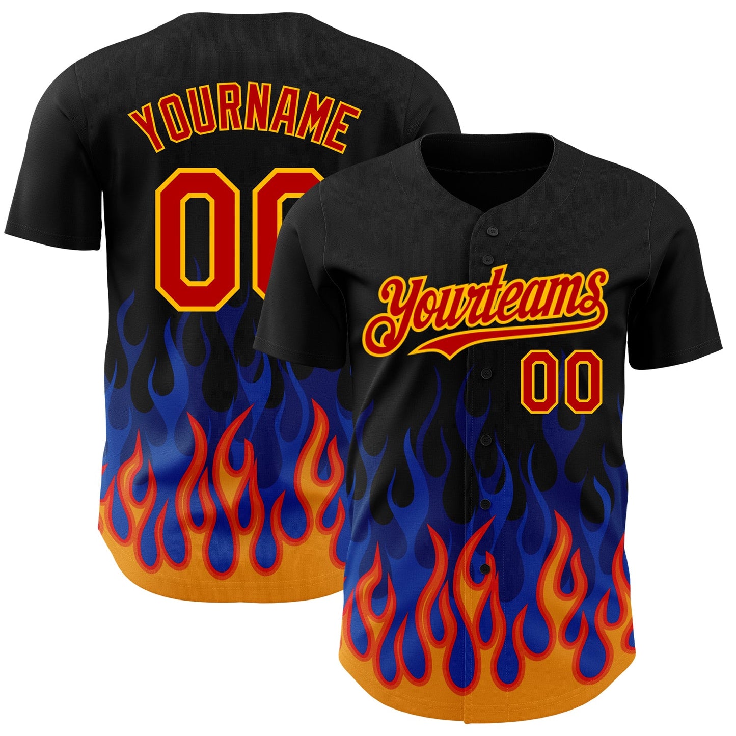 Custom Black Red-Gold 3D Pattern Design Flame Authentic Baseball Jersey - Sky-Custom