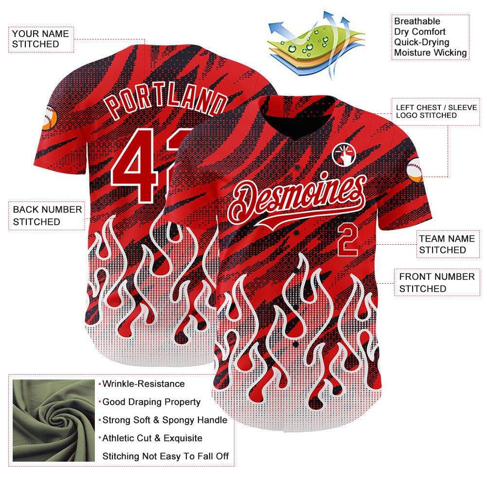 Custom Red Black-White 3D Pattern Design Flame Authentic Baseball Jersey - Sky-Custom