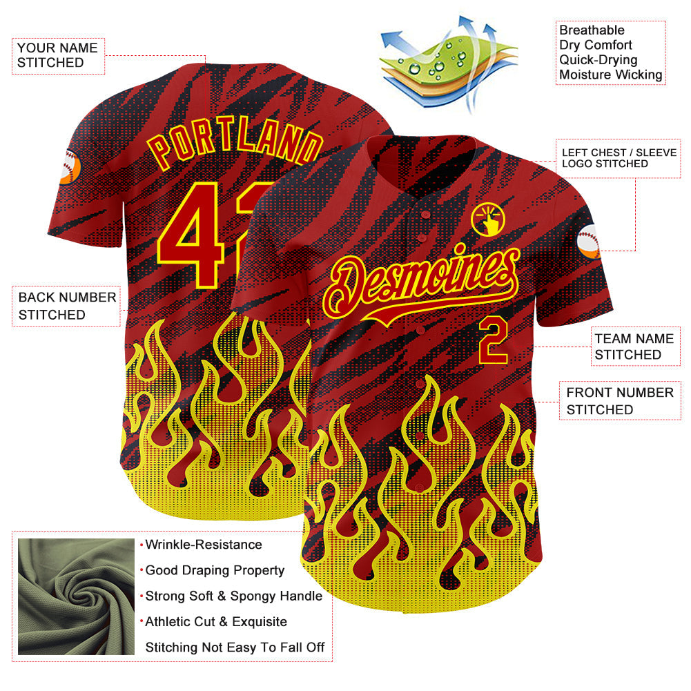 Custom Red Black-Light Yellow 3D Pattern Design Flame Authentic Baseball Jersey - Sky-Custom