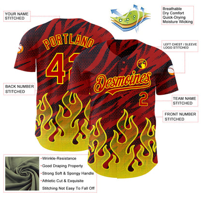 Custom Red Black-Light Yellow 3D Pattern Design Flame Authentic Baseball Jersey - Sky-Custom