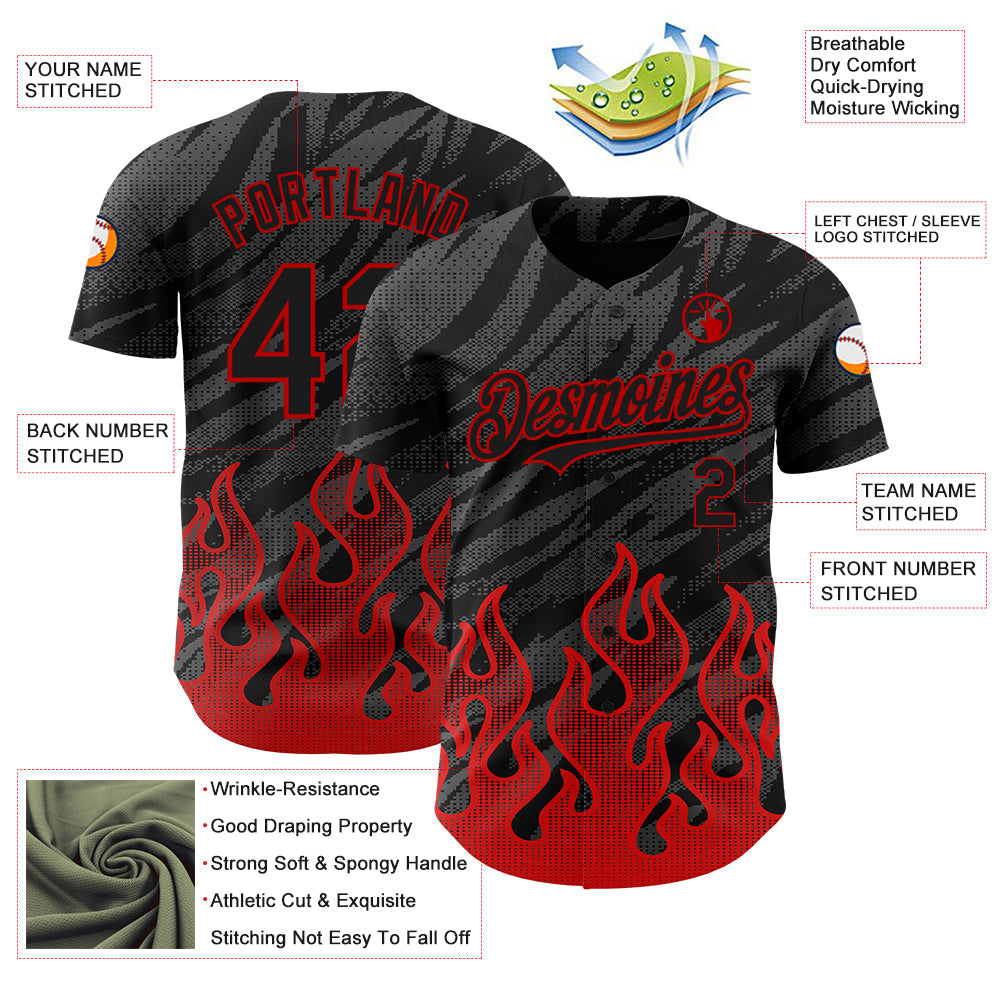 Custom Black Red 3D Pattern Design Flame Authentic Baseball Jersey - Sky-Custom