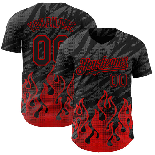 Custom Black Red 3D Pattern Design Flame Authentic Baseball Jersey - Sky-Custom