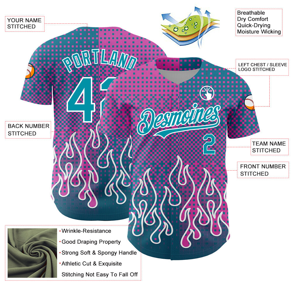 Custom Pink Teal-White 3D Pattern Design Flame Authentic Baseball Jersey - Sky-Custom