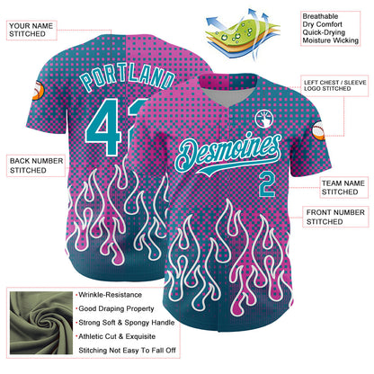 Custom Pink Teal-White 3D Pattern Design Flame Authentic Baseball Jersey - Sky-Custom