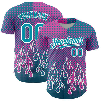 Custom Pink Teal-White 3D Pattern Design Flame Authentic Baseball Jersey - Sky-Custom