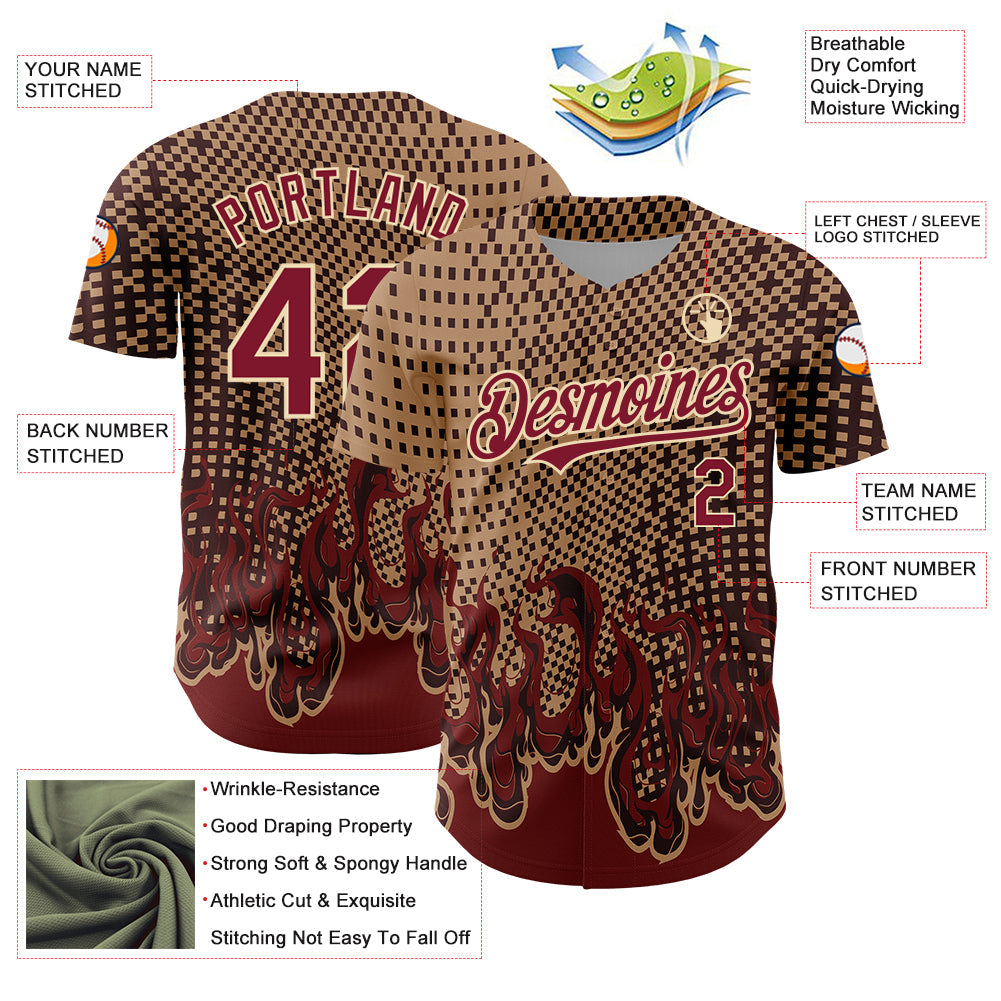 Custom Old Gold Crimson-City Cream 3D Pattern Design Flame Authentic Baseball Jersey - Sky-Custom
