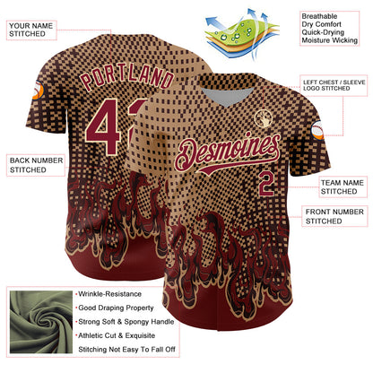 Custom Old Gold Crimson-City Cream 3D Pattern Design Flame Authentic Baseball Jersey - Sky-Custom