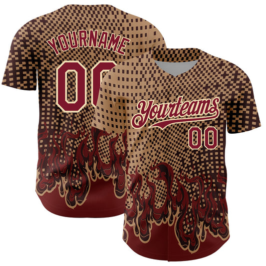 Custom Old Gold Crimson-City Cream 3D Pattern Design Flame Authentic Baseball Jersey - Sky-Custom