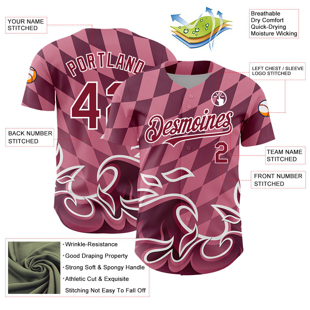 Custom Light Pink Crimson-White 3D Pattern Design Flame Authentic Baseball Jersey - Sky-Custom